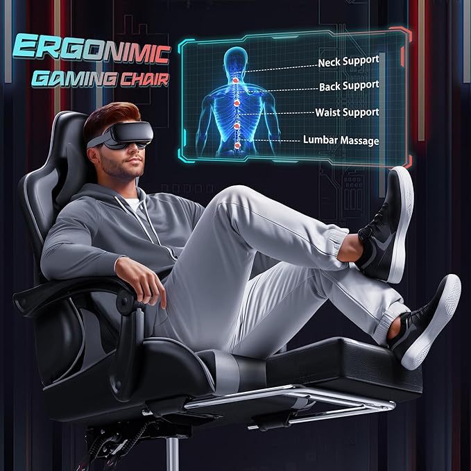 JUMMICO Gaming Chair Ergonomic Computer Chair with Footrest and Massage Lumbar Support Height Adjustable Video Gaming Chair with 360° Swivel Seat and Headrest (Grey)