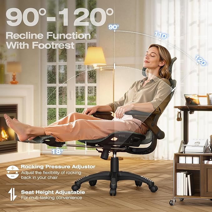 ELABEST X100 Ergonomic Mesh Office Chair with Footrest Big and Tall Hone Desk Chair with 5D Flip-Up Arms Adjustable 3D Lumbar SupportGaming &amp Executive Computer Chairs