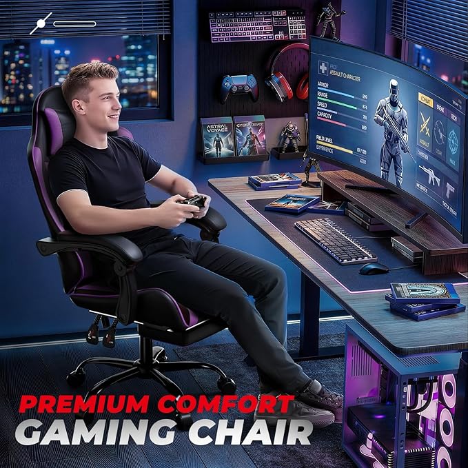 Auto Dynasty Ergonomic Gaming Chair High-Back Office Chair w/Adjustable Lumbar Support Linkage Armrest Headrest &amp Footrest 350LBS Recliner Swivel Computer Game Racing Chair Purple/Black