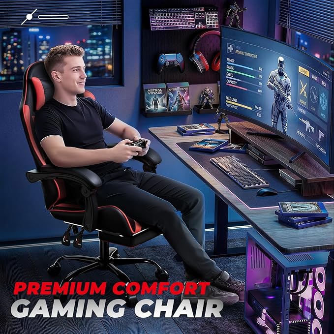 Auto Dynasty Ergonomic Gaming Chair High-Back Office Chair w/Adjustable Lumbar Support Linkage Armrest Headrest &amp Footrest 350LBS Recliner Swivel Computer Game Racing Chair Red/Black