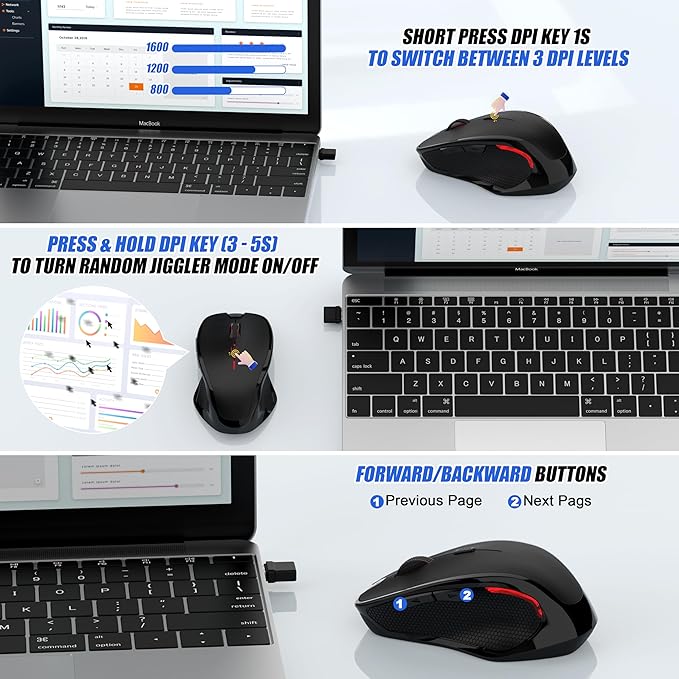 Wireless Bluetooth Mouse for Mac Pro MacBook Ergonomic Rechargeable Mice with Jiggler Mode 2-Mode Bluetooth 5.2/3.0 &amp 2.4G USB-A/USB-C Receiver Silent Optical Mouse for iPad PC Laptop Black