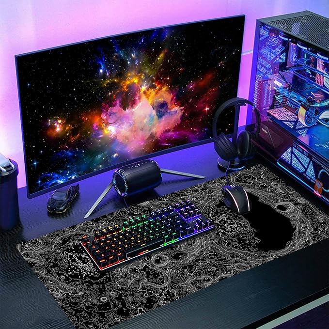 Black Whtie Topographic Gaming Mouse Pad 3XL Topo Moon Relief Map Extended Large Mat Mousepad Desk Pad Non-Slip Rubber Base Stitched Edge Long Mousepad for Desktop Office Desk 47.2x23.6 in120x60cm