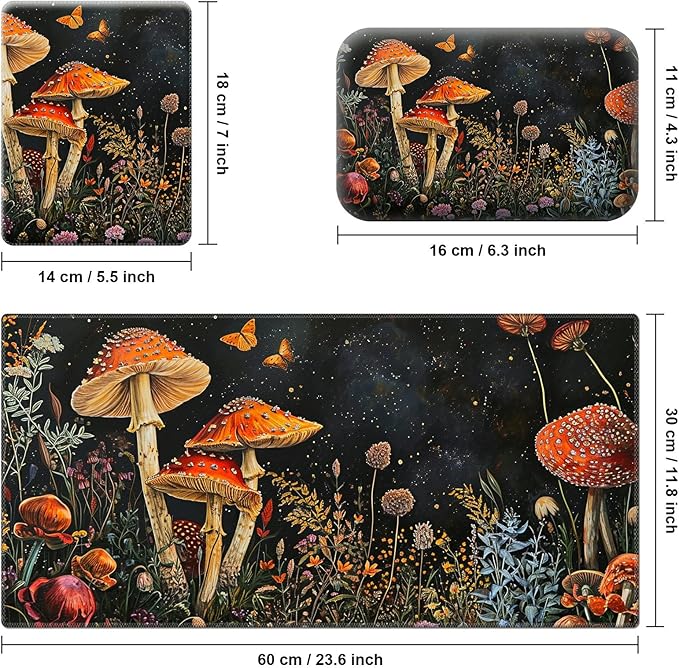 Ergonomic Desk Pad Mat &amp Keyboard Wrist Rest Set 3-in-1 Office Mouse Pad with Memory Foam Support Non-Slip Computer Blotter for Home Gaming &amp Writing 23.6 x 11.8 Mushroom