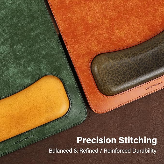 Leather Mouse Pad with Wrist Support Vintage Frosted Leather Handmade Ergonomic Design 25x21cm (Green with Yellow)