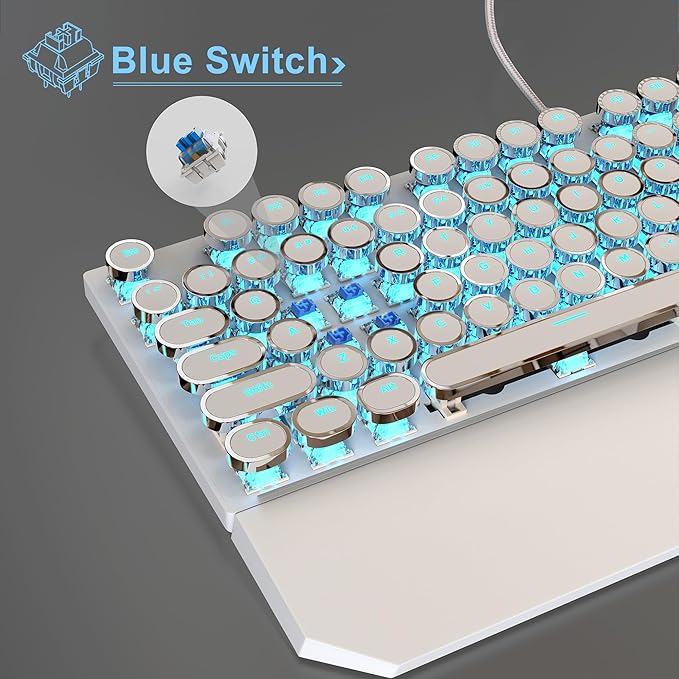 MageGee Typewriter Mechanical Gaming Keyboard Retro Punk White Round Keycaps 104 Keys LED Blue Backlit Wired Keyboards for Laptop MAC PC Gamer with Magnetic Wrist Rest Blue Switch