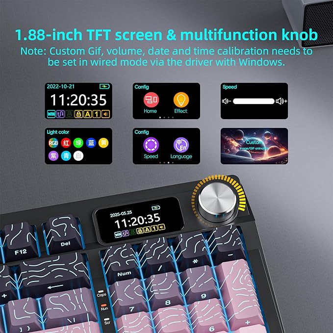 KUTETHY Wireless Mechanical KeyboardSmart Display &amp KnobTri-Mode BT5.0/2.4GHz/USB-CHot Swappable Pre-lubed Kailh SwitchesContour keycapsRGB Backlit Gaming Keyboard (BlackBerry Contours)