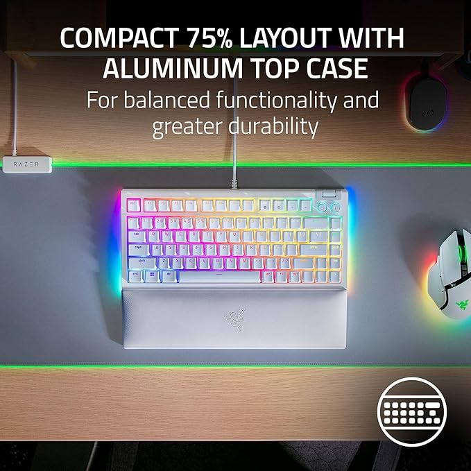 Razer BlackWidow V4 75% Mechanical Gaming Keyboard: Hot-swappable Design - Compact &amp Durable - Orange Tactile Switches - Chroma RGB - MF Roller &amp Media Keys - Comfortable Wrist Rest - White (R