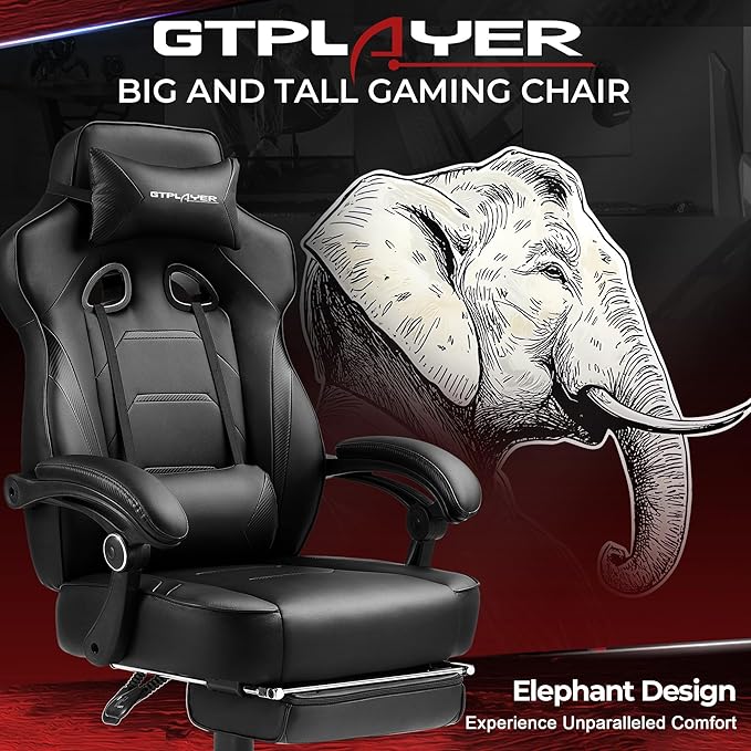 GTPLAYER Gaming Chair with Footrest Big and Tall Computer Game Chair 350lb Racing Style Ergonomic High Back Lumbar Support and Recliner Black
