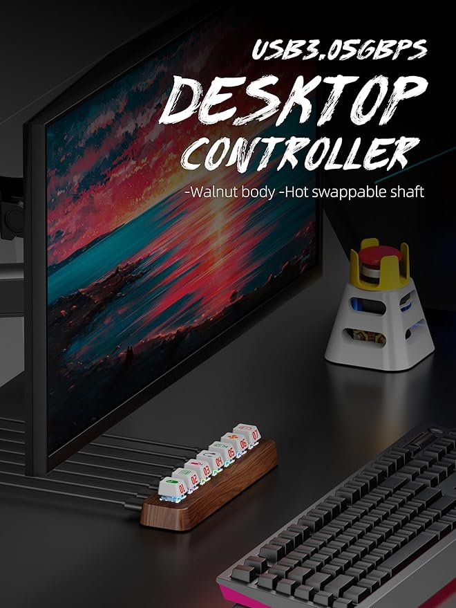Walnut Wood 7-Port Powered USB 3.0 Hub 5Gbps Data Transfer Independent Hot-Swappable 3-Pin Mechanical Keyboard Switch Expander RGB Backlit Docking Station-FU07