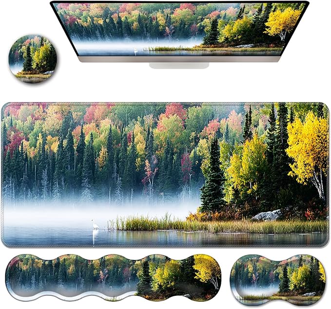 Ergonomic Keyboard Wrist Rest &amp Mouse Pad Wrist Rest SetXL Gaming Desk Mat 31.5x 11.8Non-Slip BaseMemory FoamEasy Typing Pain Relief for Office &amp HomeBird on Lake with Forest