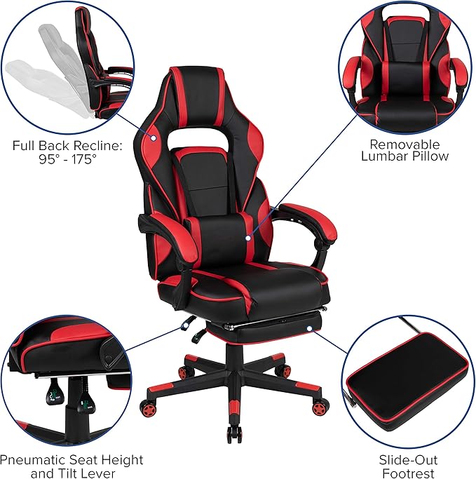 EMMA + OLIVER Red Ergonomic Gaming Chair - Reclining Back/Arms Footrest Massaging Lumbar