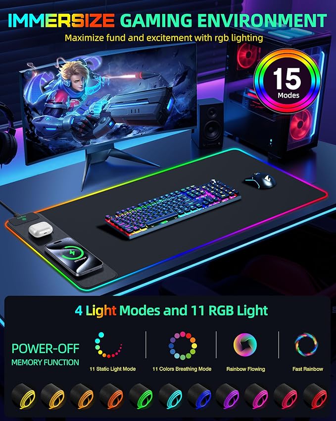Upgraded Mouse Pad with Wireless Charging RGB Gaming Desk Mat 31.5x15.7 Large XXL Desk Pad 15 Light Modes Ultra-Smooth Surface Non-Slip Mouse Mat Waterproof Computer Keyboard Pad Black