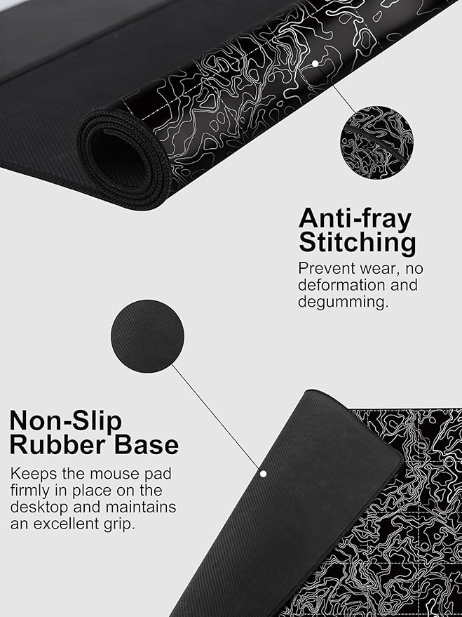 TopMade Mouse Pad with 15W Fast Wireless Charging 31.5x15.75 XXL Large Gaming Waterproof Desk Pad with Ultra-Smooth Surface Non-Slip Base Computer Desk Mat Black Topographic Map #3