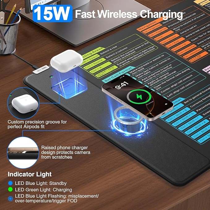 Wireless Charging Mouse Pad with Excel Formulas Shortcuts 31.5x15.8 Extra Large Office Spreadsheet Cheat Sheet Desk Mat Waterproof Ultra-Smooth Surface Non-Slip Base