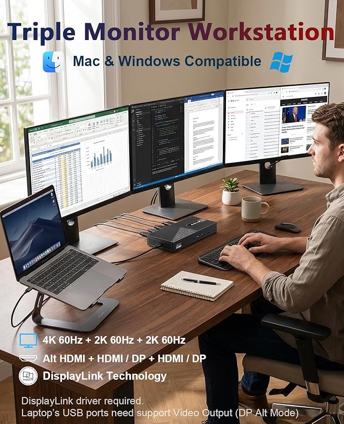WAVLINK USB-C Triple Monitor Docking Station for MacBook M1/M2/M3/M4/M5 &amp Windows – 100W PD 3×HDMI/2×DisplayPort 6x10Gbps USB Ports Gigabit Ethernet Ideal for Workstation &amp Home Office
