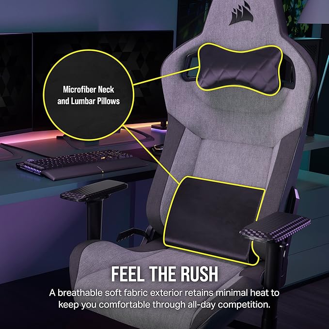Corsair T3 Rush Fabric Gaming Chair (2023) – Racing-Inspired Design – Soft Fabric Exterior – Padded Neck Cushion – Memory Foam Lumbar Support – Adjustable Seat Height – Gray and Charcoal