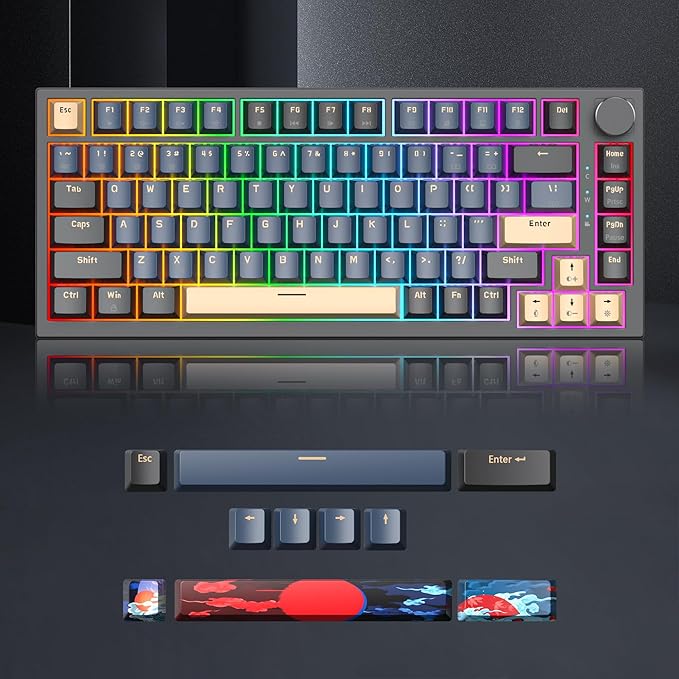 75 Percent Keyboard Gasket-Mounted with Sound Absorbing Pads 82-Key Compact Wired RGB Mechanical Gaming Keyboard Hot-Swap Socket for Win Blue Samurai