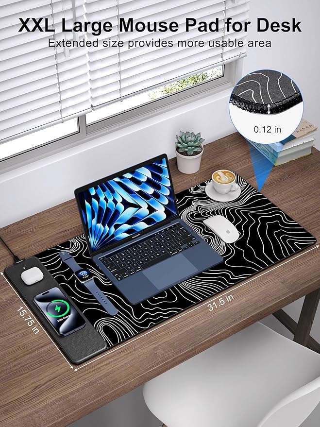 TopMade Mouse Pad with 15W Fast Wireless Charging 31.5x15.75 XXL Large Gaming Waterproof Desk Pad Computer Desk Mat Black Topographic Map #2 (Includes 20W PD Power Adapter &amp 6.56ft Woven Cabl