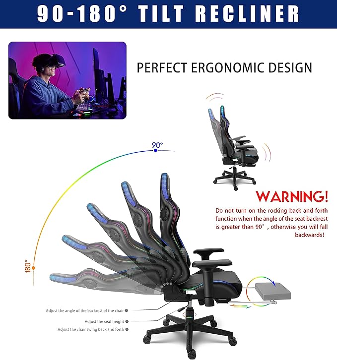TBQATNTS RGB LED Light Ergonomic Gaming Chair - Built-in Speakers Full Body Massage High-Back Office Recliner with Footrest - Comfortable Computer Chair Ideal for Adults and Teens.Black