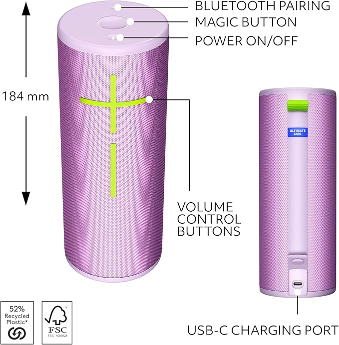 Ultimate Ears Boom 4 Portable Waterproof Bluetooth Speaker with 360-Degree Bold Immersive Crystal-Clear Sound Floating Speaker with 15-Hour Battery and 147ft (45m) Range - Lilac