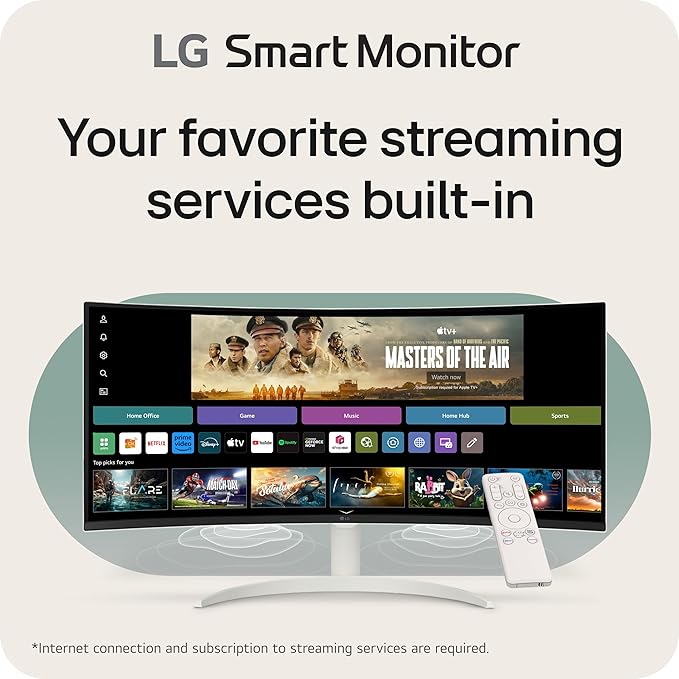LG 34SR60QC-W 34-inch QHD (3440x1440) Curved Smart Monitor with Streaming UltraWide Screen webOS HDR10 100Hz Built-in Speaker AirPlay2 Screen Share Bluetooth ThinQ App White