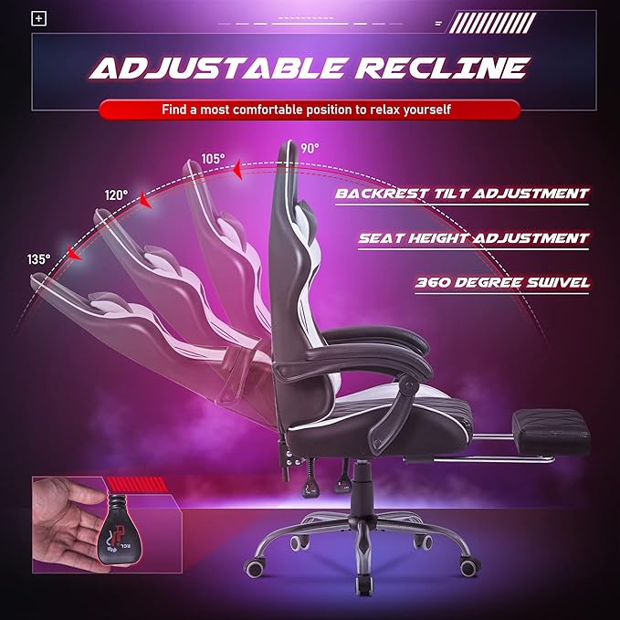 Homall Gaming Chair Computer Chair with Footrest and Massage Lumbar Support Ergonomic High Back Video Game Chair with Swivel Seat and Headrest (White)