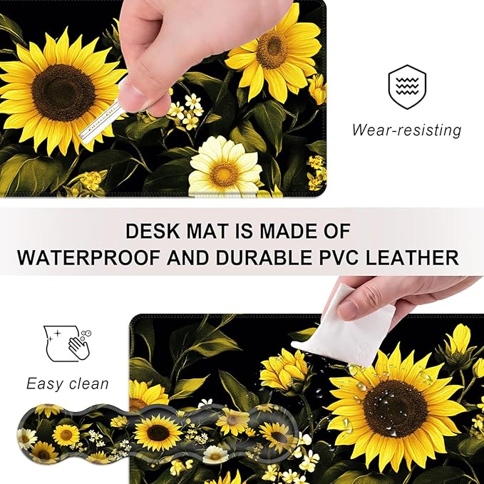 Mouse PadLarge Desk Mat Set 4in1 XL Mousepad + Keyboard Wrist Rest+Mouse Wrist Rest+Coaster with Ergonomic Desk Pad for Home Office Table Computer Cover -Sunflowers and White Flowers