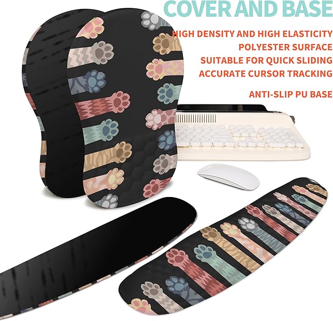 2-in-1 Ergonomic Set Wave Rise Keyboard Wrist Rest and Massage Bulge Slope Mouse Pad Wrist Support Cushion Memory Foam Integrated to Relieve Wrist Pain Multicolour Cat Claws