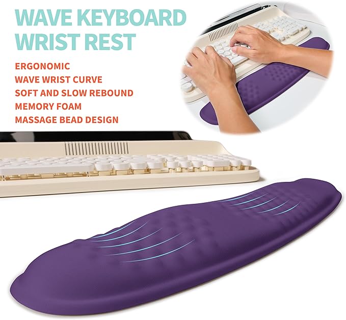 2-in-1 Ergonomic Set Wave Rise Keyboard Wrist Rest and Massage Bulge Slope Mouse Pad Wrist Support Cushion Memory Foam Integrated to Relieve Wrist Pain Dark Purple