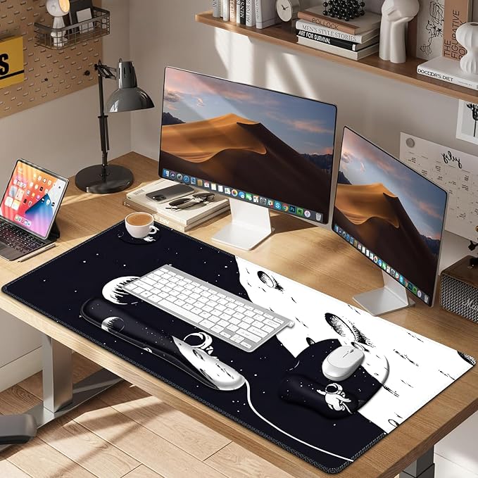 Large Mouse Pad Keyboard Wrist Rest Set Ergonomic Non-slip Washable Wrist Support Waterproof 35.4 x 16 inches Space Astronaut