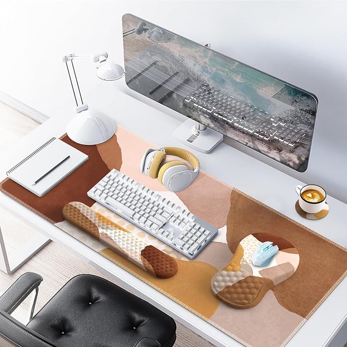 Large Mouse Pad with Wrist Rest and Keyboard Pad Desk Pad Mat Set 4PCS Carpal Tunnel Boho Mousepad with Wrist Support Combo XXL Computer Office Desk Matt for Desktop Laptop Brown Coffee