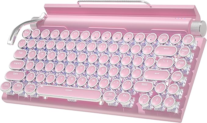 Retro Typewriter Wireless Mechanical Gaming Keyboard Bluetooth 5.0 Office Computer Vintage Keyboards 83-Key Blue Switches Punk Round Keycap LED Backlight Compatible with PC/Laptop/Pad/Phone Pink