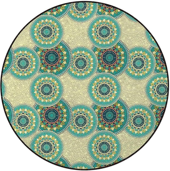 Green Yellow Round Area Rug for Bathroom Kitchen Room Indoor Vintage Throw Rugs Carpets Floor Mats Home Decor Oriental Motif with Mix of Retro Circle Diameter 59 in