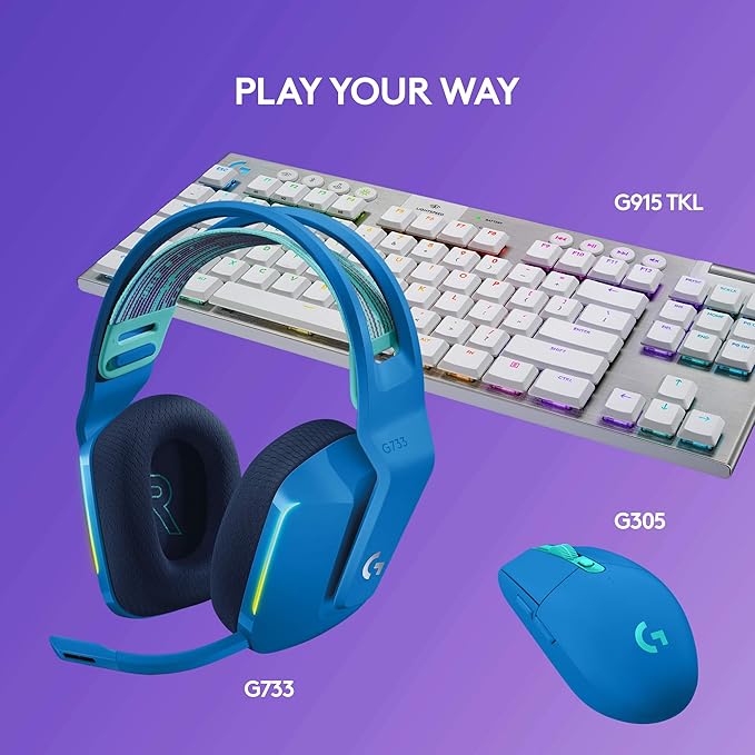 Logitech G733 Lightspeed Wireless Gaming Headset with Suspension Headband LIGHTSYNC RGB Blue VO!CE mic Technology and PRO-G Audio Drivers - Blue