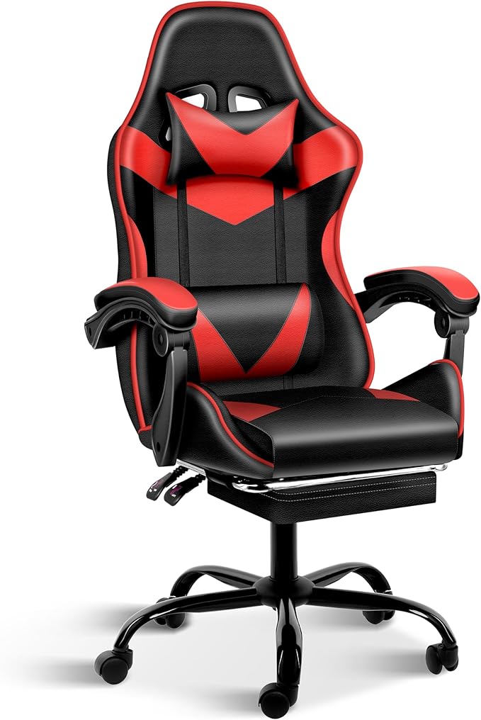 Gaming Chair Ergonomic Computer Chair with Footrest and Lumbar Support Height Adjustable Office Chair with 360° Swivel Seat and Headrest (Red &amp Black)