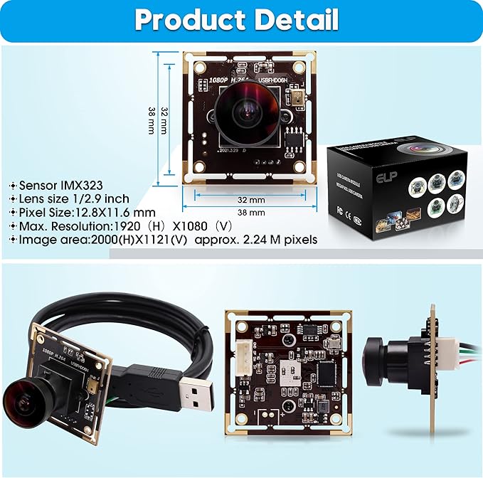 1080P USB Camera Module for Video Conferencing 2MP IMX323 with 170 Degree Fisheye Lens H.264 Format and Low Light Performance for Computer Linux Android Jetson Nano