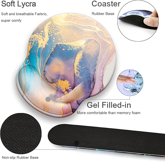 Mouse Pad + Desk Mat + Keyboard Wrist Rest + Coaster 4 in 1 Set Cute Ergonomic Large Gaming Mousepad with Wrist Rest Support Desk Pad for Computer Laptop Office Home Decor-Marble 3
