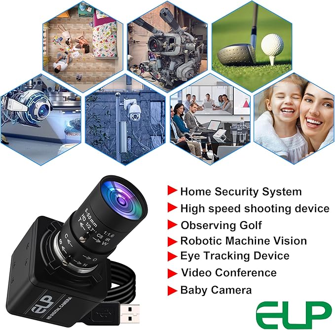 ELP Global Shutter USB Webcam - 1080P 90fps Manual Zoom Variable Focus AR0234 Close-up Camera for Laptop