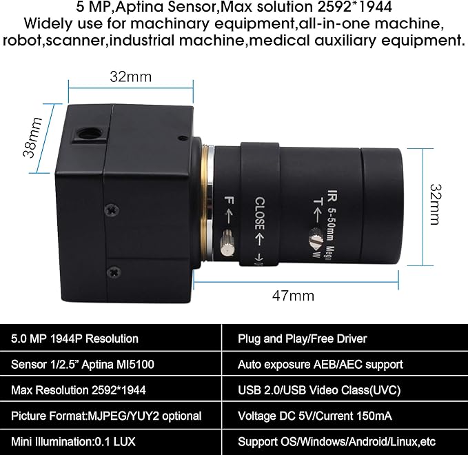5mp USB Camera with Zoom 5-50mm Lens Webcam Variable Focus PC Camera Mini UVC USB2.0 USB with Camera for Computer Manual Zoom Close-up Camera Industrial Varifocal Web Camera for Raspberry Pi Laptop