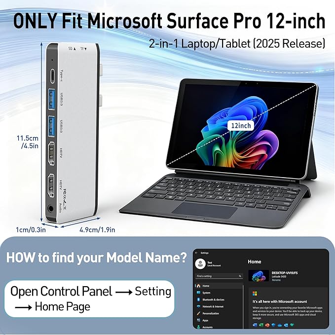 Surface Pro 12 Docking Station Quad Display Surface Pro 12 USB Hub with Dual 4K HDMI Thunerbolt 4 Hub (4K@60Hz Display+ 40Gbps Data+ 100W Charge) 2 USB3.0 SD/TF Audio for Surface Pro 12 inch 2025