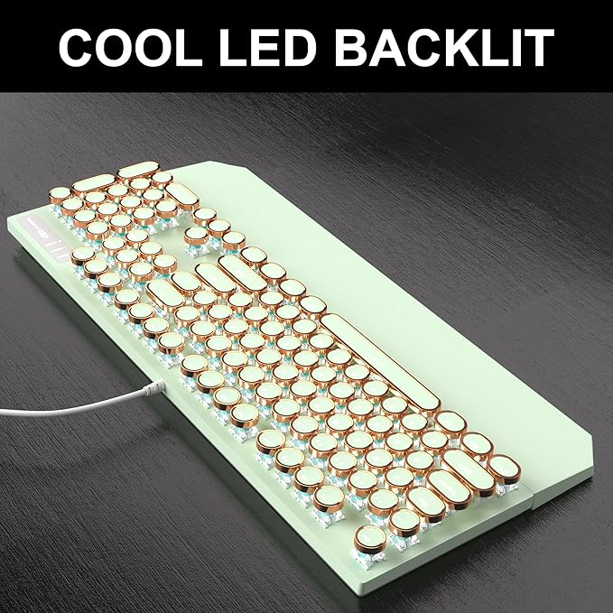 Camiysn Typewriter Style Mechanical Gaming Keyboard Green Retro Punk Gaming Keyboard with White Backlit 104 Keys Blue Switch Wired Cute Keyboards Round Keycaps for Windows/Mac/PC