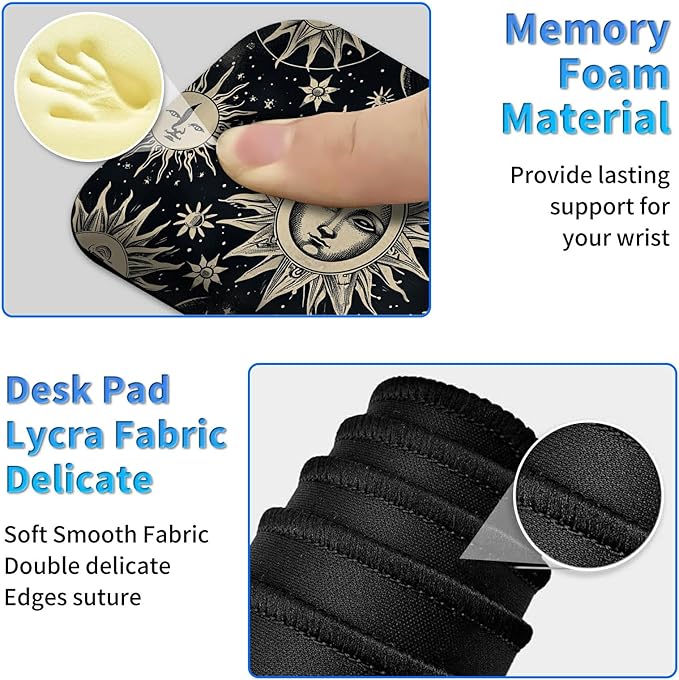 Wrist Rest Pad Small Mouse Pad and Office Desk Mat Set 3 in 1 Desk Pad 11.8 x 23.6+Mousepad +Mouse Wrist Rest with Ergonomic Design Non-Slip for Home Gaming Computer Sun Moon