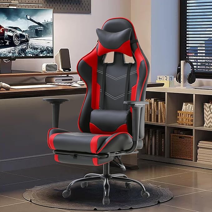 Gaming Chair High Back PU Leather Gaming Chairs Computer Chair with Headrest &amp Lumbar Support Height Adjustable Wide Seat Gamer Chair Gaming Chairs for Adults Game Chair with Footrest &amp Arm