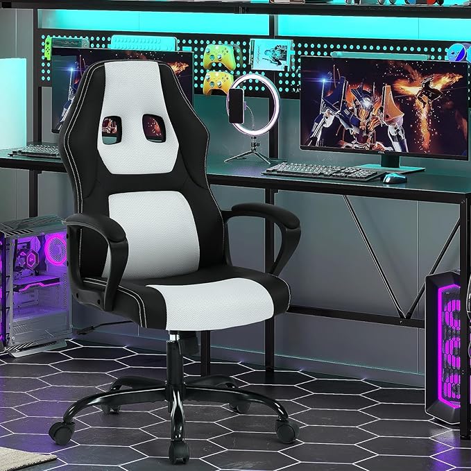 White Gaming Chair Ergonomic Video Game Chair with Massage Lumbar Support Headrest Armrest High-Back Adjustable PU Leather Rolling Swivel Computer Desk Chair for Home Office (White)