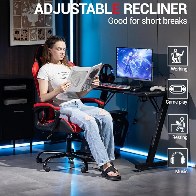 Gaming Chair PU Leather Massage PC Video Game Chair with Lumbar Support for Men Women Home Office Height Adjustable Ergonomic High Back Red