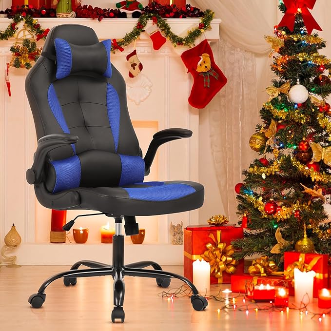 Gaming Chair High Back Office Chair Ergonomic Desk Chair PC Racing Chair with Headrest Lumbar Support &amp Flip-up Arms PU Leather Computer Chair Adjustable Height Swivel Executive ChairBlue