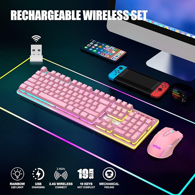 RedThunder K10 Wireless Gaming Keyboard and Mouse Combo LED Backlit Rechargeable 3800mAh Battery Mechanical Feel Anti-ghosting Keyboard + 7D 3200DPI Mice for PC Gamer (Pink)