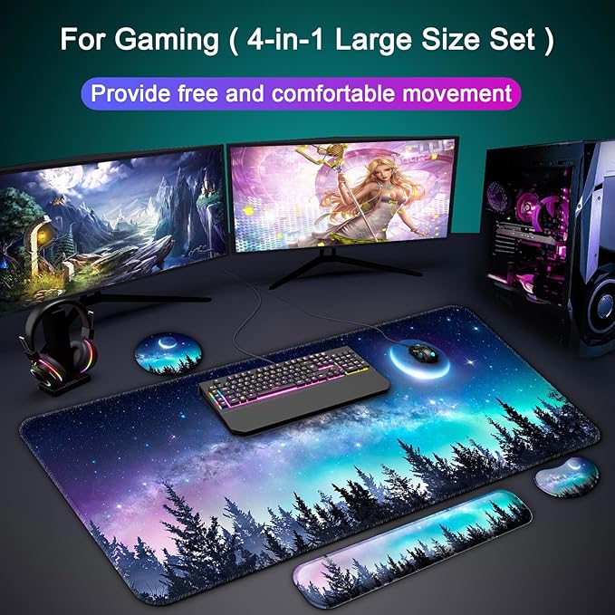Keyboard Wrist Rest + Mouse Pad with Wrist Support + Desk Mat + Coaster 4 in 1 Set XXL Large Gaming Mousepad Cute Ergonomic Mouse Pads for Desk Computer Laptop Office Decor-Forest Moon