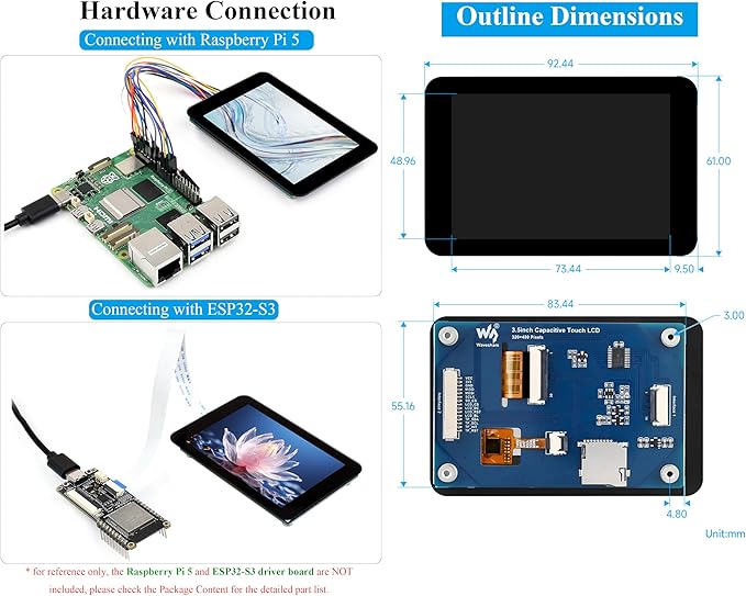 3.5inch Capacitive Touch Screen Compatible with Raspberry Pi 5/4B/3B+/Zero/Zero W/Zero 2W/Pico/Pico W/Pico 2/Pico 2 W/ ESP32 /Ar-duino IPS Display 320x480 Resolution SPI and I2C Control Interfaces