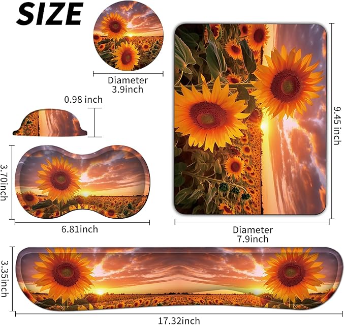 Keyboard Wrist Rest + Mouse Pad + Mouse Wrist Rest Support + Coaster Set Ergonomic Memory Foam Mouse and Keyboard Pad Set for Laptop Computer Office Home Working GamingSunflower